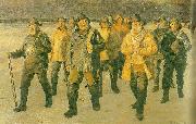 fiskere vender hjem fra nordstranden i aftensol Michael Ancher